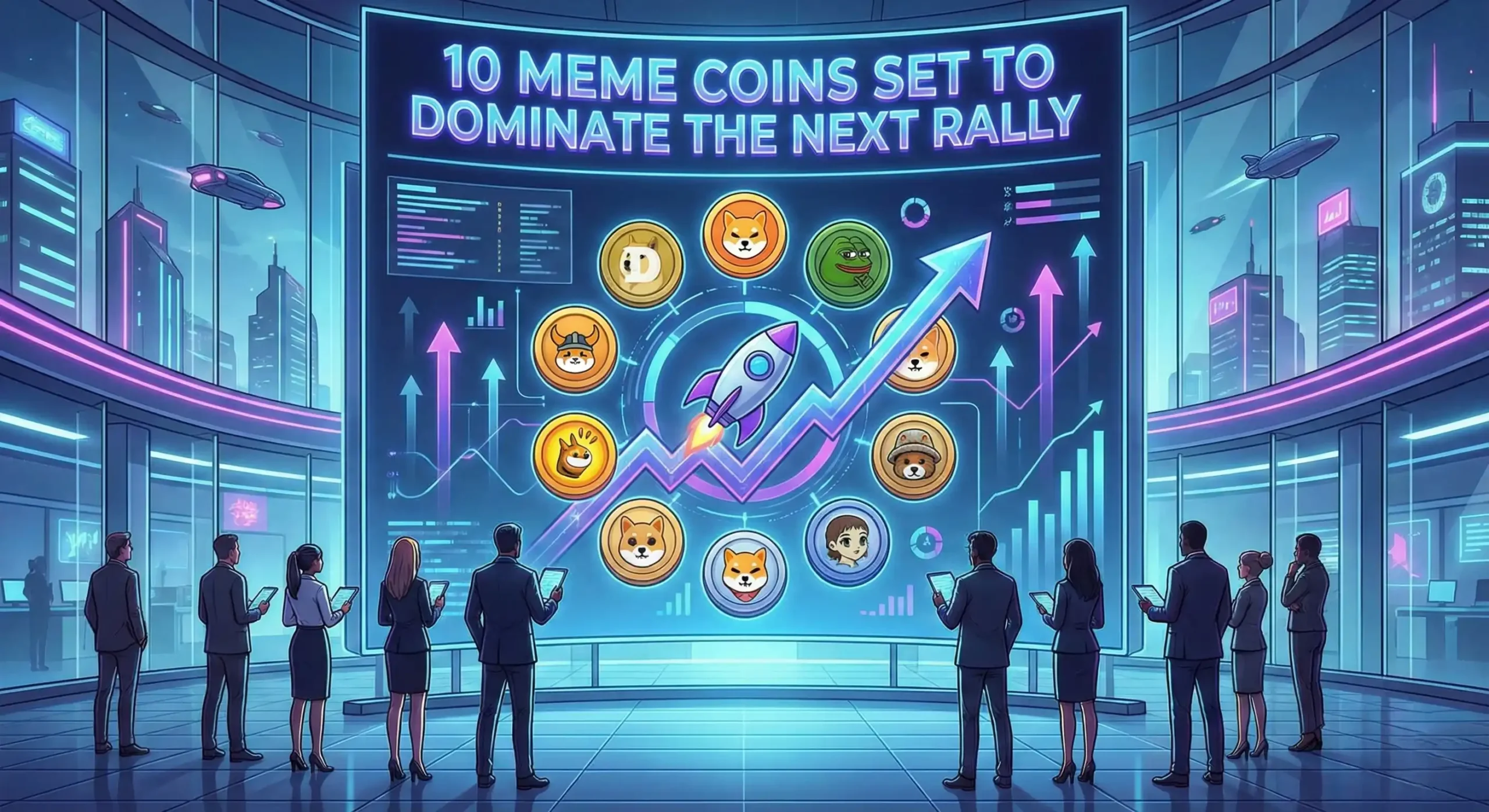 meme coins: A colorful illustration of various meme coins with a rocket taking off in the background.