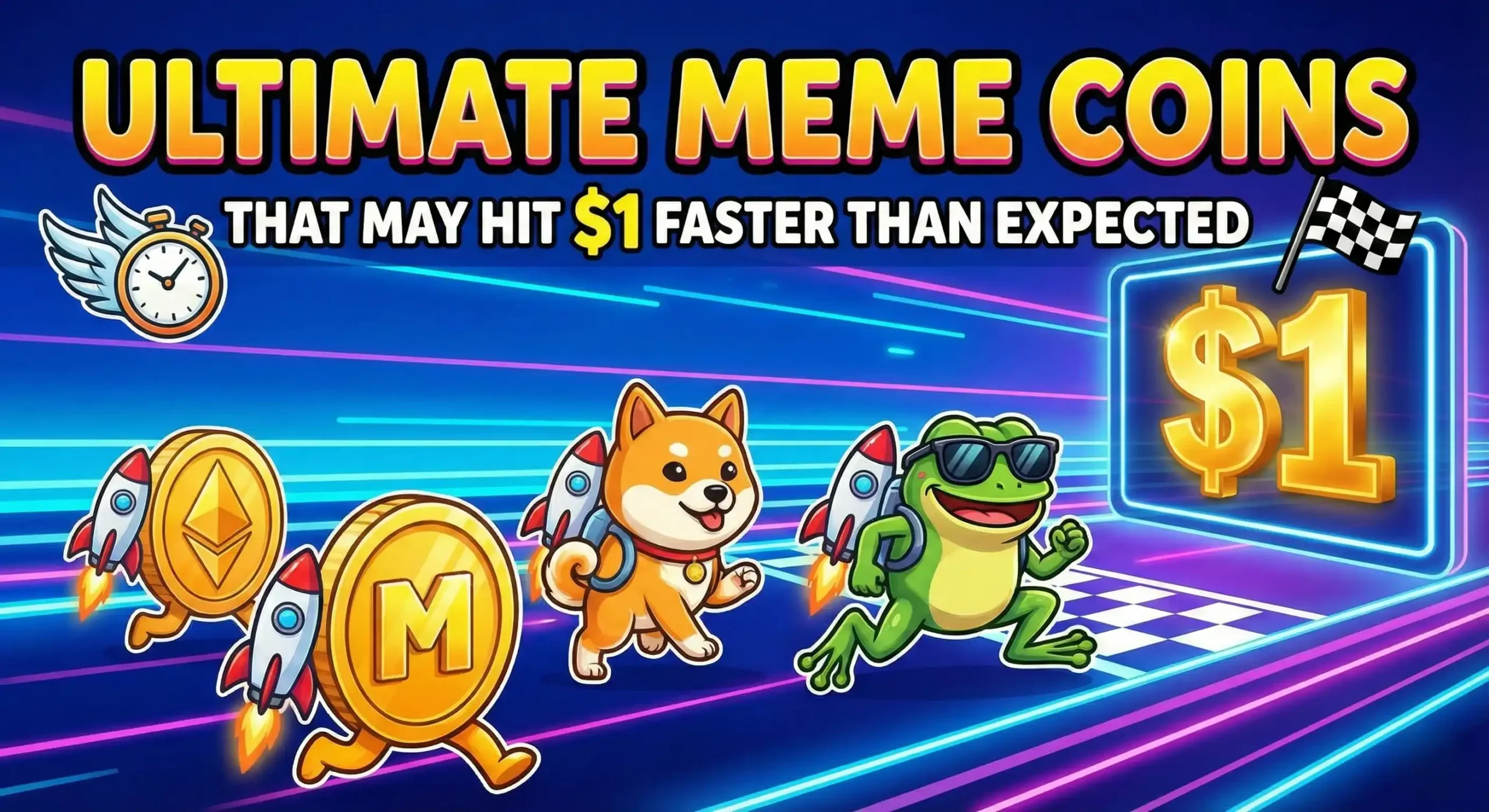 meme coins: A colorful illustration of various meme coin logos like Dogecoin, Shiba Inu, and Pepe, with a rocket taking off in the background.