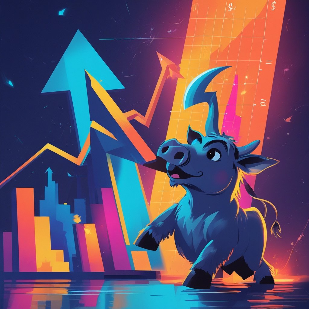 crypto coins: a cartoon bull poking a graph upwards with its horn