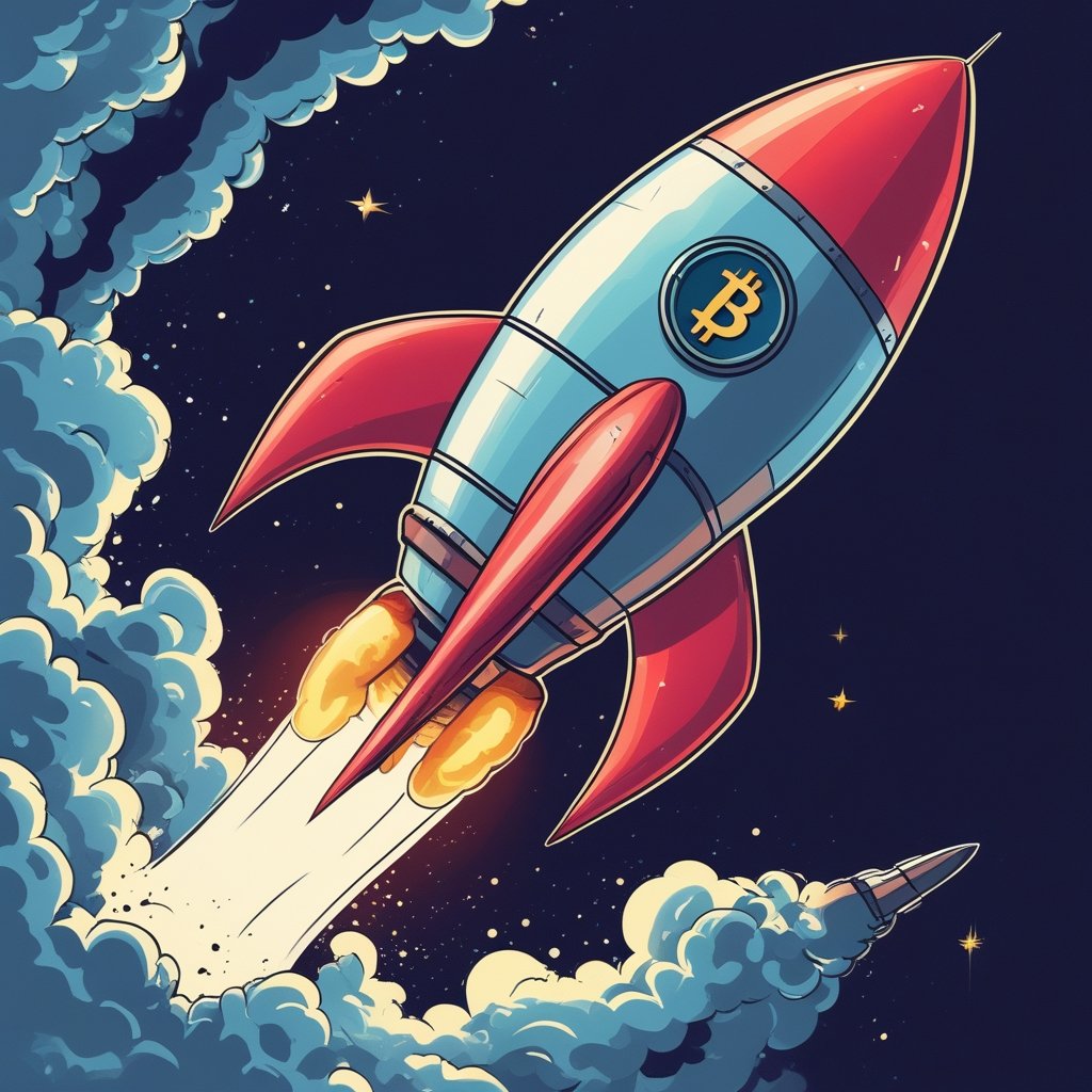 crypto coins: a cartoon image of a rocket launching with crypto coins attached
