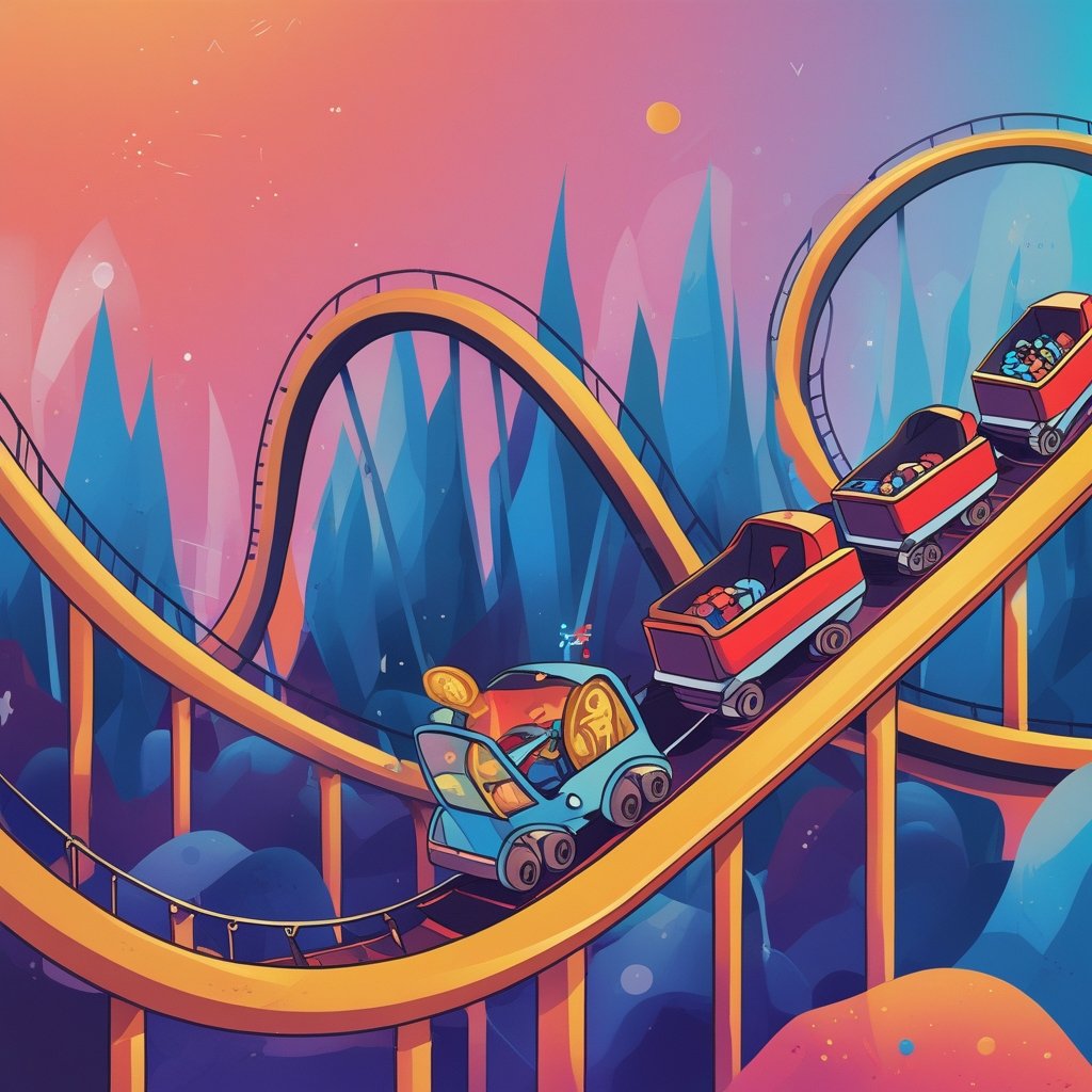 crypto coins: a cartoon image of a rollercoaster representing the ups and downs of crypto prices