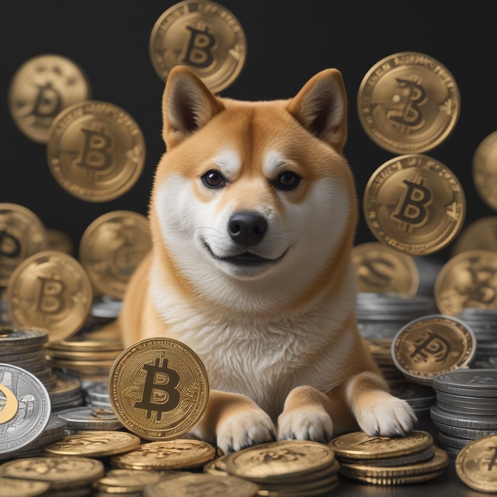 dogecoin: A Shiba Inu dog representing Dogecoin, surrounded by other meme coins