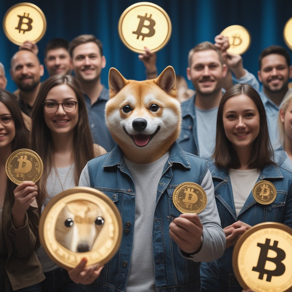 dogecoin: A group of people representing the Dogecoin community, holding Dogecoin symbols