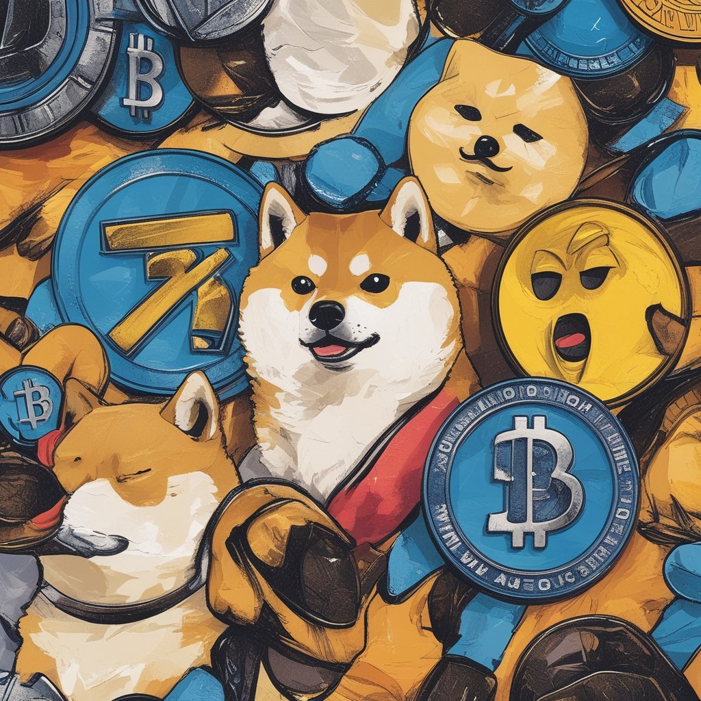 meme coins: A colorful collage of popular meme coin logos like Dogecoin, Shiba Inu, and Pepe.
