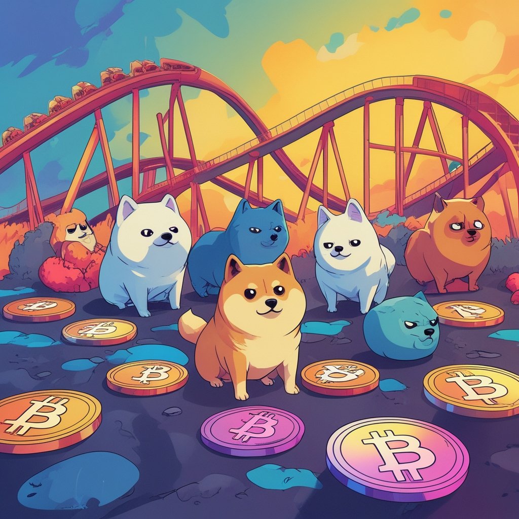 meme coins: A colorful illustration of various meme coins like Dogecoin, Shiba Inu, and Pepe, with a rollercoaster in the background.