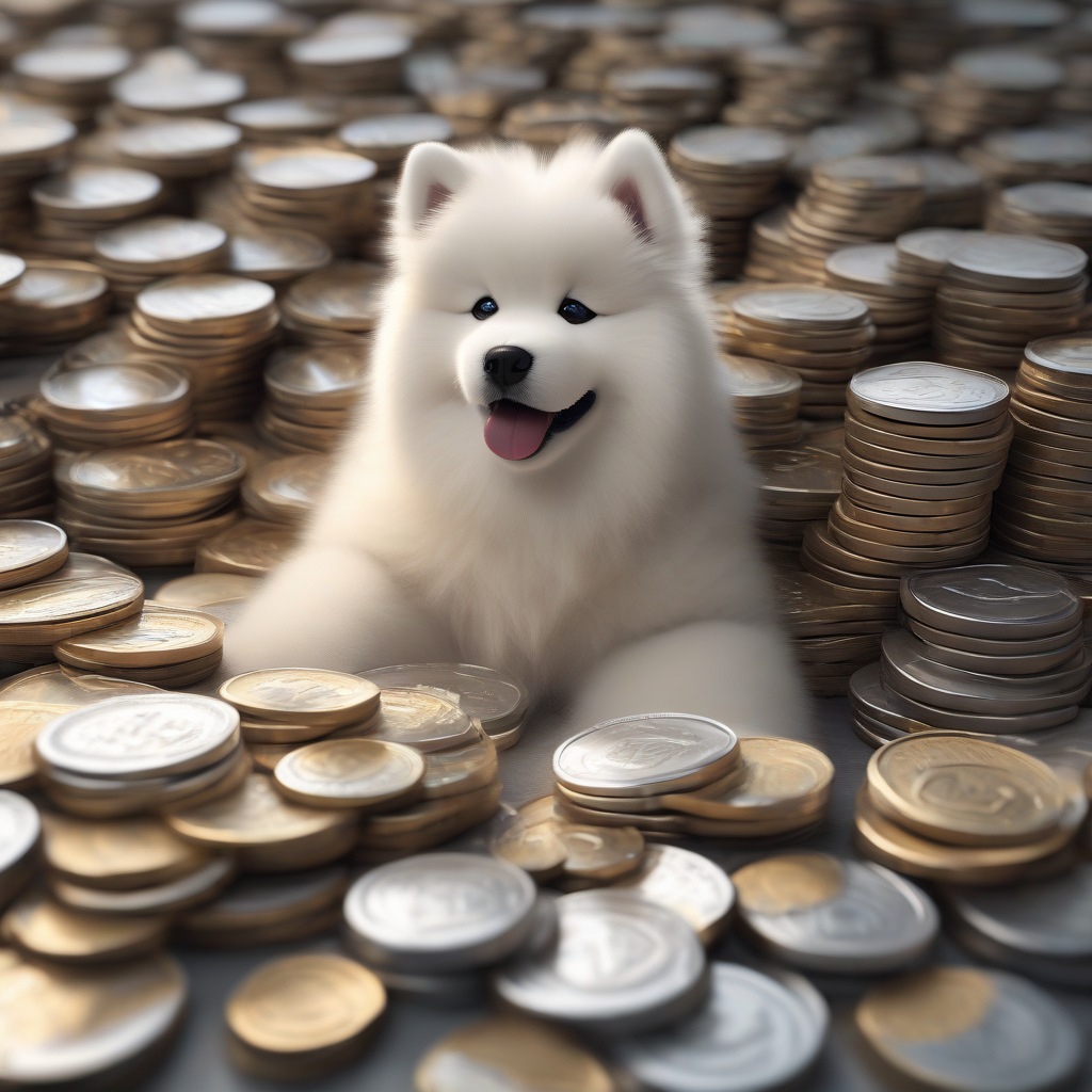 meme coins: a Samoyed puppy sitting next to a pile of Samoyed coins