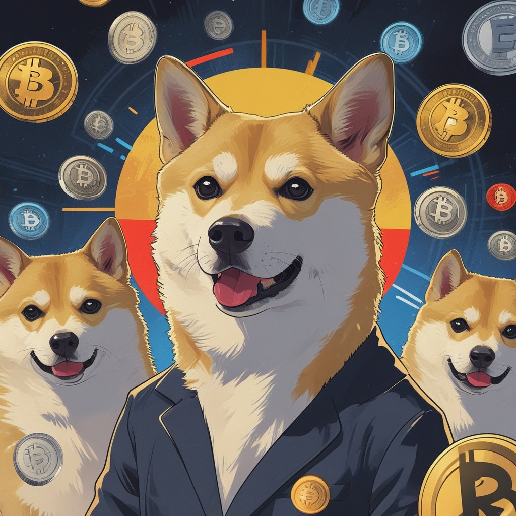meme coins: a cartoon dog representing dogecoin surrounded by other meme coin characters